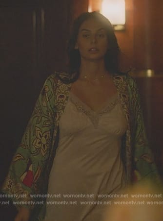 Leila’s green floral print kimono on Death and Other Details