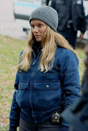 Hailey’s denim bomber jacket with fleece collar on Chicago PD