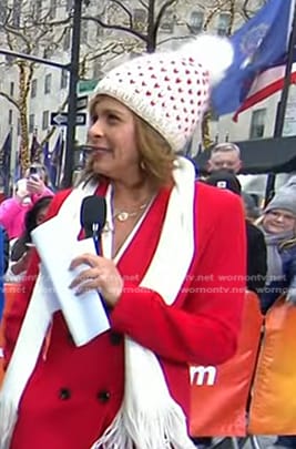 Hoda’s white heart knit pom pom beanie on Today