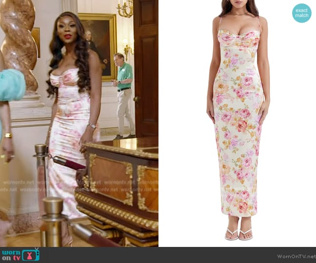 House of CB Josefina Floral Bustier Bodice Stretch Satin Body-Con Dress worn by Nneka Ihim on The Real Housewives of Potomac