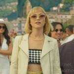 Imogene’s houndstooth crop top and leather jacket on Death and Other Details