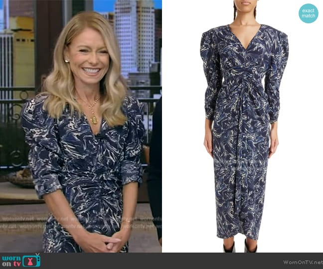 Isabel Marant Albini Marble Print Ruched Silk Dress worn by Kelly Ripa on Live with Kelly and Mark