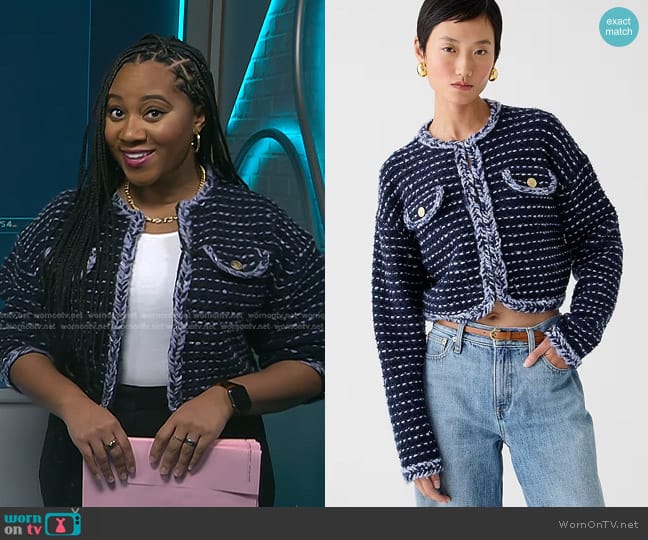 J. Crew Cropped Lady Jacket in marled yarn in Navy Black French Blue worn by Kay Angrum on NBC News Daily