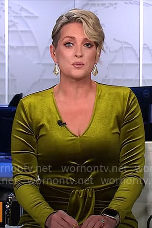 Jamie Yuccas’ green velvet v-neck dress on CBS Mornings