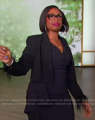 Jennifer’s black feather trim cropped blazer on The Jennifer Hudson Show