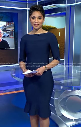 Jericka’s navy elbow sleeve dress on CBS Evening News