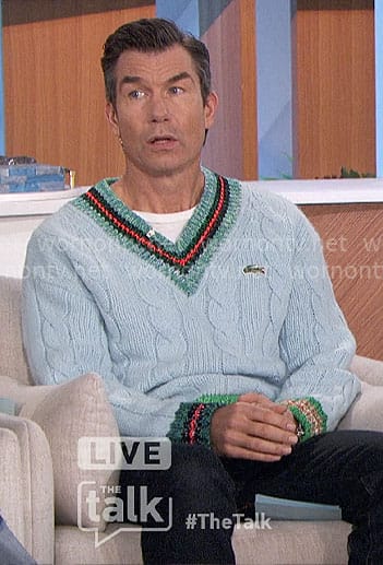 Jerry’s blue cable knit v-neck sweater on The Talk