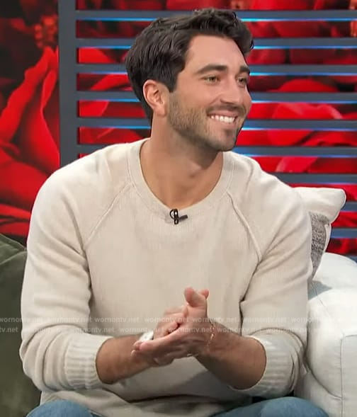 Joey Graziadei’s beige knit sweater on Access Hollywood