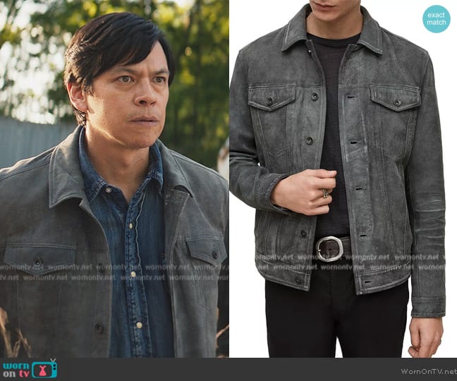 John Varvatos Andrew Slim Fit Leather Trucker Jacket worn by (Chaske Spencer) on Echo