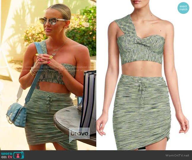 Jonathan Simkhai Elyssa One Shoulder Crop Top in Basil Green worn by Whitney Rose on The Real Housewives of Salt Lake City