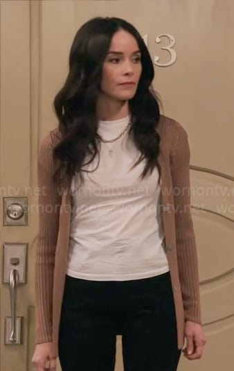 Julia’s light brown v-neck cardigan on Extended Family