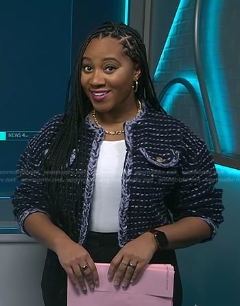 Kay’s navy cropped knit cardigan on NBC News Daily
