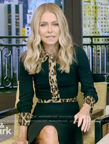 Kelly’s black dress with leopard trim on Live with Kelly and Ryan
