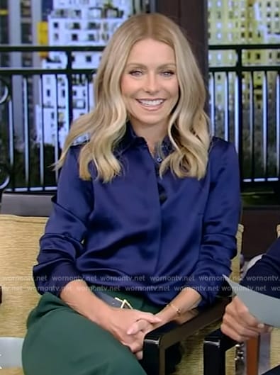 Kelly’s navy satin blouse on Live with Kelly and Mark