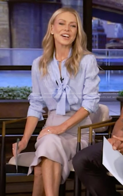 Kelly’s blue printed tie neck blouse on Live with Kelly and Mark