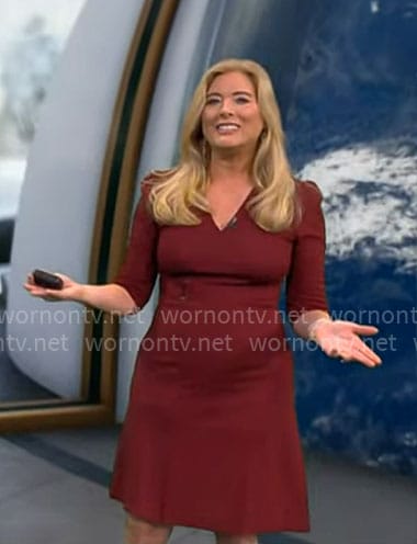 Kelly Cass’ dark red v-neck dress on CBS Mornings
