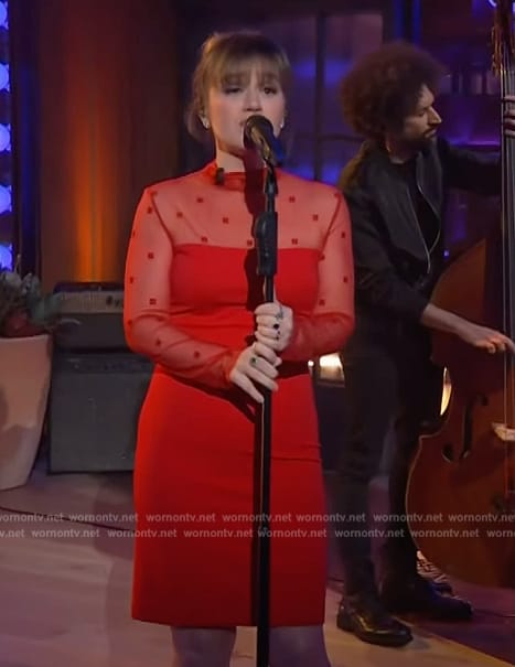 Kelly’s red mesh mini dress on The Kelly Clarkson Show