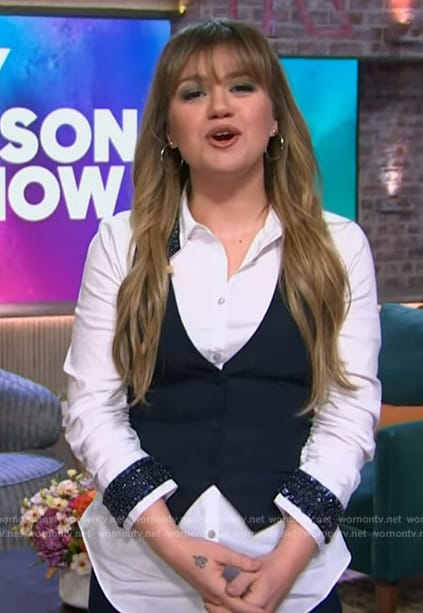 Kelly’s white embellished trim blouse with vest on The Kelly Clarkson Show
