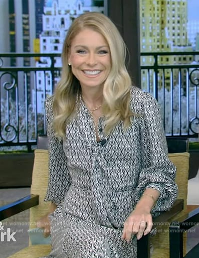 Kelly’s black printed tie neck dress on Live with Kelly and Mark