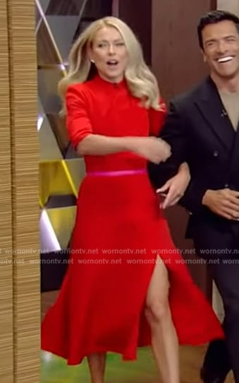 Kelly’s red mock meck midi dress on Live with Kelly and Mark