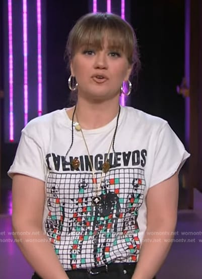 Kelly’s white talking heads graphic tee on The Kelly Clarkson Show