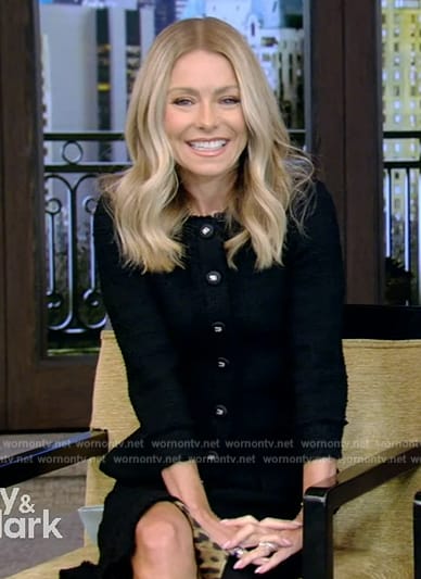 Kelly’s black tweed button down dress on Live with Kelly and Mark