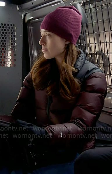 Kim’s burgundy puffer jacket on Chicago PD