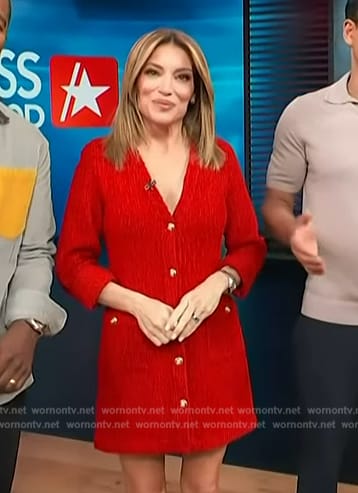Kit’s red textured button front dress on Access Hollywood