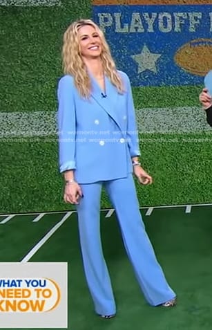 Laura Rutledge’s blue double breasted blazer and pants on Good Morning America