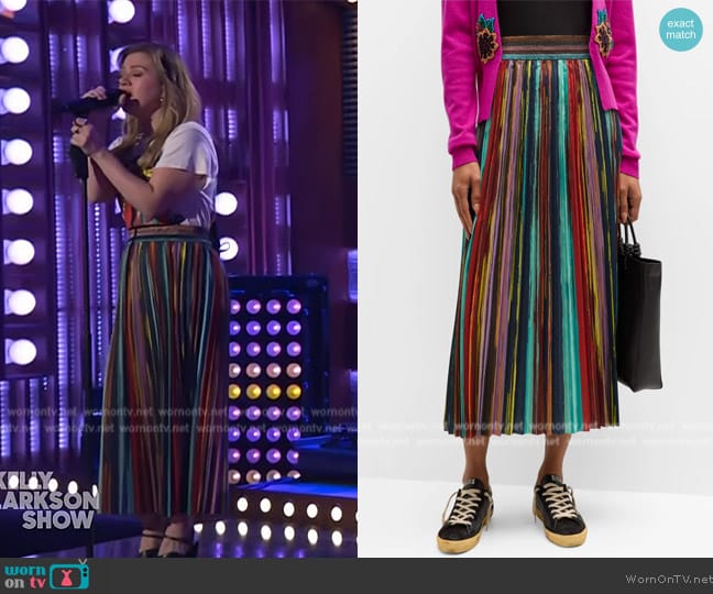 Painted Stripe Pleated Midi Skirt Le Superbe worn by Kelly Clarkson on The Kelly Clarkson Show
