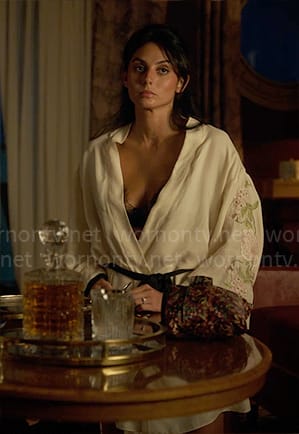 Leila’s floral embroidered robe on Death and Other Details