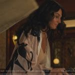 Leila’s pink black cat print robe on Death and Other Details
