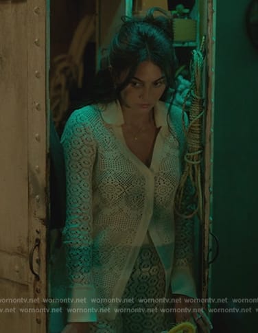 Leila’s white lace shirt and pants on Death and Other Details