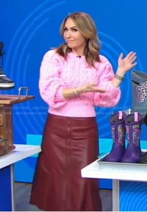 Lori’s pink cable knit sweater and leather skirt on Good Morning America