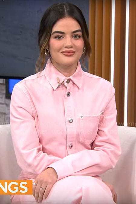 Lucy Hale’s pink denim shirt and jeans on CBS Mornings