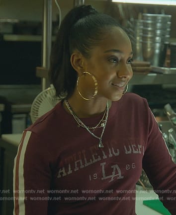 Mabel’s red sleeve stripe long sleeve top on Good Trouble