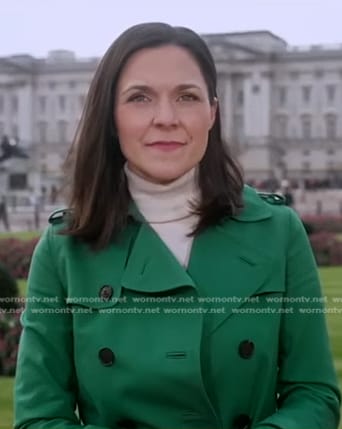 Maggie’s green trench coat on Good Morning America