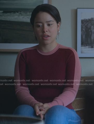 Mariana’s red colorblock sweater on Good Trouble