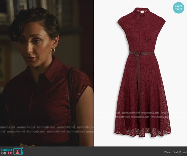 Max Mara Finito cotton-blend lace midi dress worn by Anna (Lauren Patten) on Death and Other Details