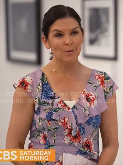 Meg Oliver’s purple floral ruffled top on CBS Mornings