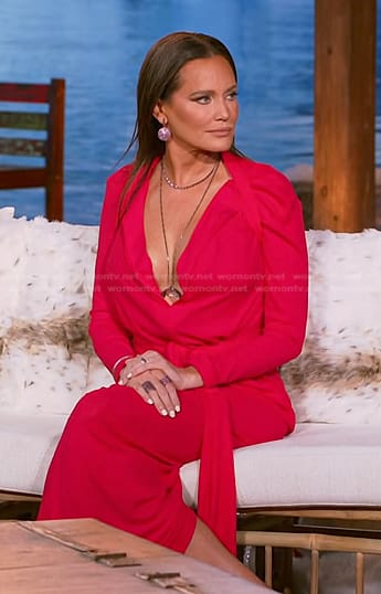 Meredith’s red plunge neck draped dress on The Real Housewives of Salt Lake City