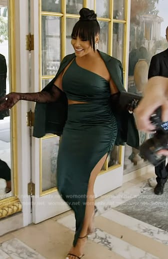 Mia’s emerald satin ruched dress on The Real Housewives of Potomac