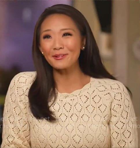 Nancy Chen’s cream pointelle sweater on CBS Mornings