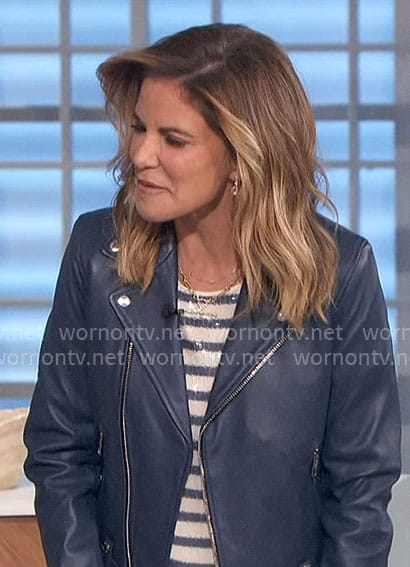 Natalie’s blue sequin stripe top and leather jacket on The Talk