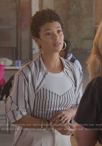 Nora’s white stripe corset shirt on Good Trouble