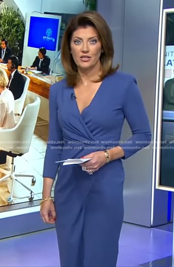 Norah’s blue gathered sheath dress on CBS Evening News