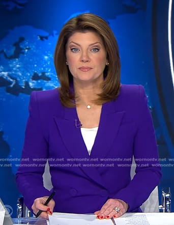 Norah’s purple double breasted blazer on CBS Evening News