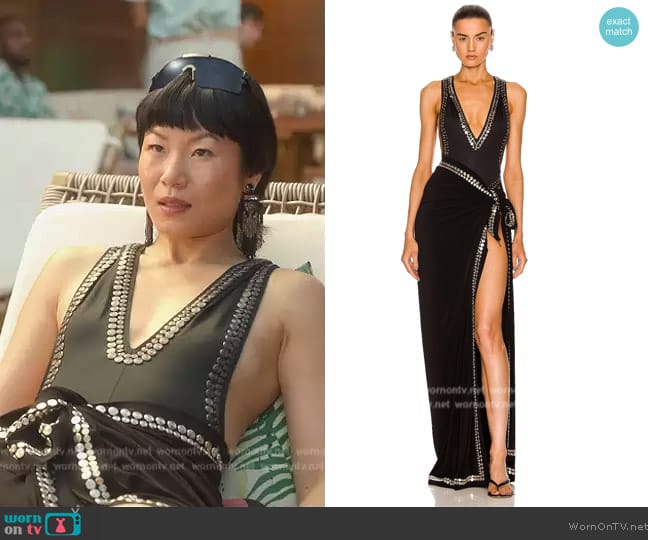 Norma Kamali Studded Ernie Scarf Dress worn by Eleanor Chun (Karoline) on Death and Other Details
