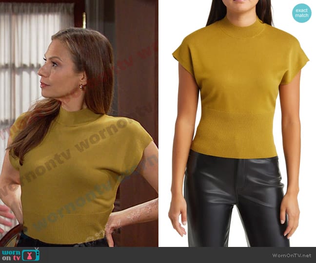 Open Edit Mock Neck Rib Sweater in Olive Ecru worn by Ava Vitali (Tamara Braun ) on Days of our Lives