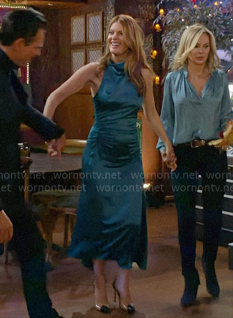 Phyllis’ teal satin dress on The Young and the Restless